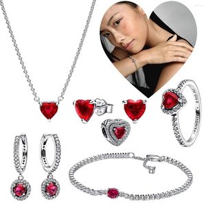 Loose Gemstones Original Logo Selling Gift Sparkling Red Heart Necklace Bracelet Ring 925 Sterling Silver Charm DIY Women's Boutique