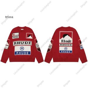 Hoodies Chaopai Rhude Letter Sunset Jacquard Round Neck Pullover Knitwear Men's and Women's High Street Sweater Coat