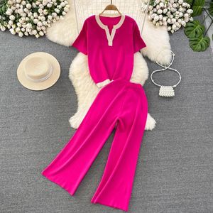 Women's Two Piece Pants Fashion Set Korean Retro Style V-Neck Loose Contrast Knit Top High Waist Casual Straight