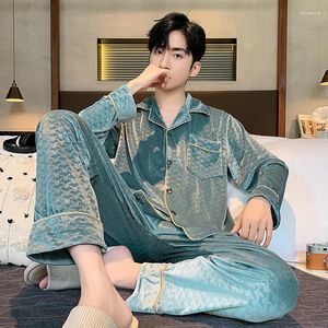 Men's Sleepwear Autumn Winter Jacquard Golden Velvet Pajamas Lapel Long Sleeve Cardigan Pants Comfortable Warm Casual Home Clothing Set