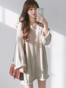 Basic Casual Dresses Ribbed Mini Sweater Dress Women's Clothing Loose Plus Size Winter Dresses Korean Ladies V-neck Knitted Dress 231218