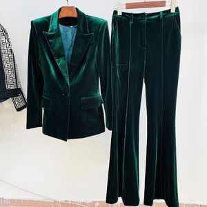 Kvinnors kostymer Blazers High Street Est Designer Runway Suit Set Women's Single Button Velvet Lapel Blazer Flare Pants Set 231216