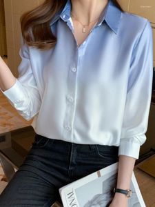 Women's Blouses Gradient Shirts Button Up Long Sleeve Shirt Autumn Women Fashion Polo Neck Ladies Tops Blouse Basic OL Clothing Woman