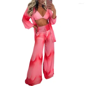 Women's Two Piece Pants Long Sleeve Outwear Strap Crop Top High Waist Wide Leg Tracksuit Spring Fashion Women Suit 3 Set Outfits