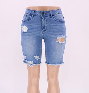 女性のカジュアルな膝の長さのジーンズはタッセル漂白穴ハイウエストジーンズミッドウェイト高品質送料無料