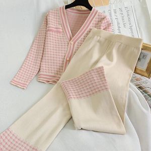 Women's Two Piece Pants Autumn Winter Women Knit Houndstooth Long Sleeve Cardigan Sweater Wide Leg Sets Elegant 2Piece Suit Plaid Outfits