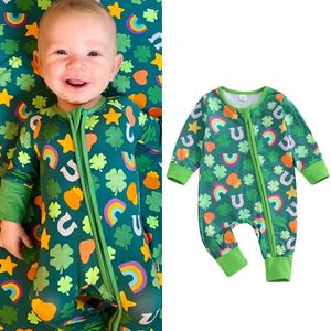 Rompers FOCUSNORM 0 12M Autumn Toddler Baby Girls Boys Cute Romper Long Sleeve Zipper Four Leaf Clover Print Jumpsuits Outwear 231218