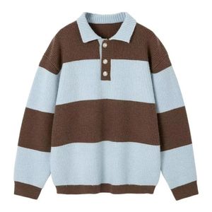 Herren Hoodies Sweatshirts Schwarz-weiß gestreifter Pullover mit lockerem Polokragen und Reverspullover 231218
