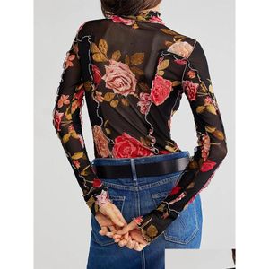 Mulheres T-shirt Camisetas Mulheres Floral Malha Crop Tops Lete Trim Lace Manga Longa Mock Pescoço Apertado Camisetas Casual Slim Fitted Tee Blous OT4K9