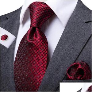 Neck Ties Neck Ties Hitie Designer Red Bury Plaid Silk Wedding Tie For Men Handky Cufflink Gift Mens Necktie Fashion Business Party Dr Dhhfh