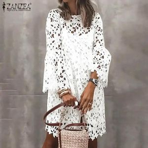 Dresses Bohemian Lace Crochet Dress Women Summer Sundress ZANZEA 2022 Casual Flare Sleeve Floral Mini Vestidos Straps Dress White 2PCS