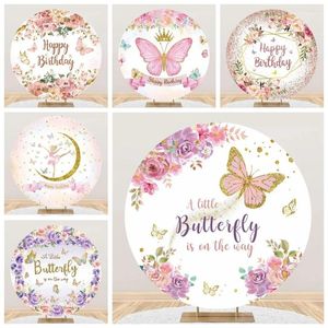 Party Decoration TABLECLOTHSFACTORY BUTTERFLY ROUNT BACKDROP COVER FÖR POGRAFI Pink Flower Princess Girl's Circle Happy Birthday Banner