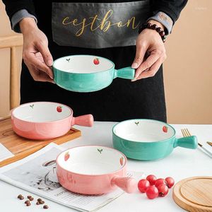 Plates Japanese Hand-painted Strawberry Ceramic Baking Bowl Cute Fruit Salad Household Single Handle Baked Rice