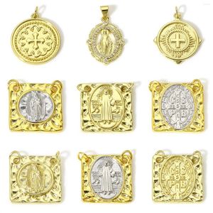 Charms 1pc Religious Copper Gold Color Round Square Virgin Mary Cross Pattern Pendant DIY Necklace Bracelet Jewelry Findings