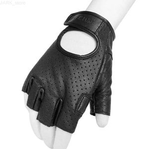 Motorcykelhandskar Motorcykelhandskar Halv Finger Mitt Glove Fingerless äkta läder Summer Men Scooter Moto Mitten Electric Bike Racing Cyclingl2312.14