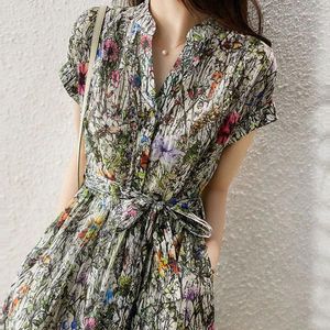 Party Dresses Fashion Vintage Printed Summer Short Sleeve Elegant V-Neck Female Clothing Commute A-Line Drawstring Bow Midi Dress 2023