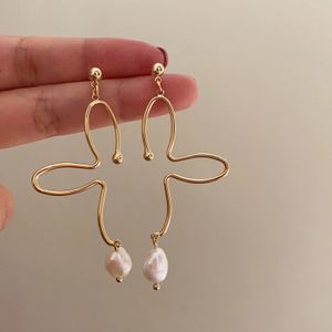 Dangle Chandelier Flower half-open French vintage ins metallic line flower pearl pendant earring minimalist chic stud earrings 231218