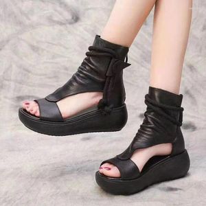 Sandalen Frauen Sommer Römische Stiefel 2023 Mid Heels Keile Schuhe Damen Vintage PU Leder Alias Zapatos De Mujer