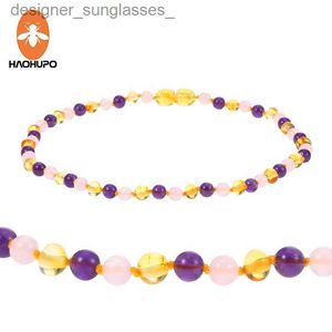 Halsketten mit Anhänger HAOHUPO 6 Design-Bernstein-Halskettenschmuck mit natürlichem Rosenquarz-Amethyst-Edelstein geknoteter baltischer Bernstein-Bijoux für Baby-FrauenL231218