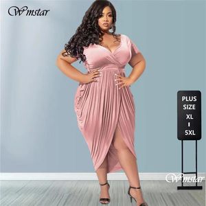 Kleider Wmstar Plus Size Kleider für Frauen Sexy V-Ausschnitt Drapierter Saum Midi Länge Elegantes Bürodame Partykleid Großhandel Dropshipping