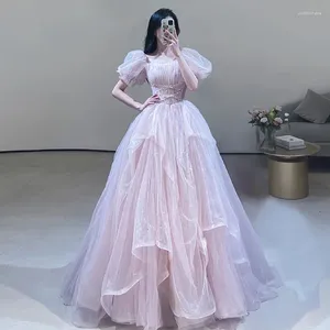 Party Dresses Senior Pink Woman Cocktail Sequare Collar Puff Sleeve Tulle Short Floor Length Quinceanera Wedding Toasting Gown