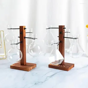 Vasen Transparente Glühbirnenvase mit Holzständer Glaspflanzer Moderne Pflanzenvermehrung Desktop Hydroponik Luftversorgung