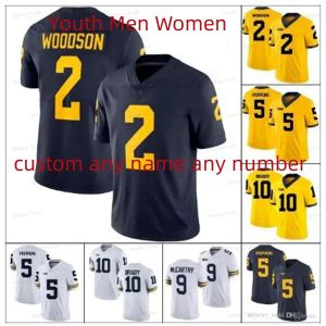 Personalizado Juventude Homens JJ McCarthy Jersey Kids Woodson 10 TomBrady 97 Aidan Hutchinson Peppers College Football Costurado Amarelo Azul Branco