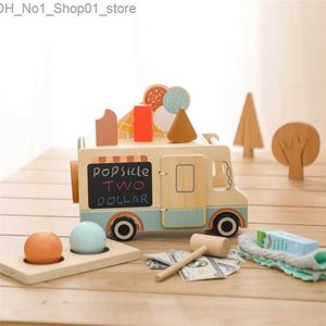 Sorting Nesting Stacking toys Wooden Kids Ice Truck Simulation Kitchen Cooking Toys Cutting Fruit Kitchen Play House Machine Baby Early Educational Toys Q231218