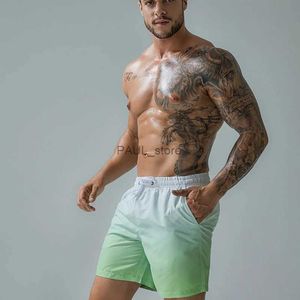 Mäns shorts Men's Beach Trunks Beachwear Surf Drawstring Man Bath Boxers Briefs Gradient Color Printed Swimming Training Shorts Quick Dryl231218