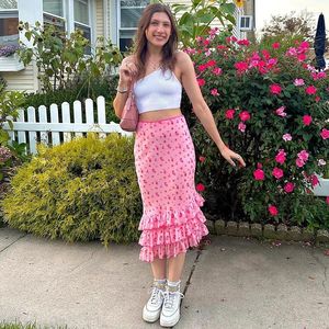 Skirts Asymmetrical Sweet Pink Mesh Skirt Women Small Flowers Print Ruffles Midi Holidays Coquette Three-Layers Bottom