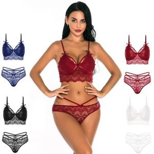 Women Underwear Ultra sexy Lingerie reggiseno floreale floreale bralette in pizzo e mutande a maglie con cinturini regolabili blu bianco rosso