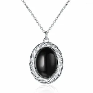 Pendants 1 Piece 925 Sterling Silver Oval Natural Black Agate Pendant Necklace Vintage Luxury Jewelry Party Gift For Women