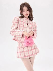 Tvådelad klänning Korea Autumn Winter 2 Set Women Short Woolen Tweed Jacka Plaid Coat Bodycon Mini Kjol Outfits 231218