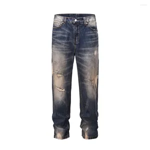 Mäns jeans high street tvättade lapptäcke rippade baggy blått för män och kvinnor y2k frayed vintage casual denim byxor överdimensionerade