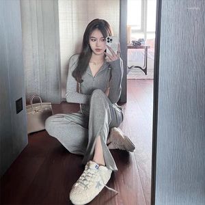 Women's Two Piece Pants Spring Korean Fashion Women's Tracksuit Casual Sports Slim Zipper Sweatshirt Sweater Split Wide Leg Sets