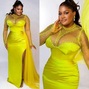 Vestidos de noite amarelo brilhante elegante sereia com decote transparente mangas compridas frisado vestido de baile sexy lado dividido festa de aniversário vestido de baile para mulheres negras noivado NL037