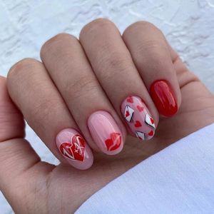False Nails 24pcs Almond Fake Valentine's Day French Nail Tips Red Heart Love Press On Waterproof Faux Fingernails