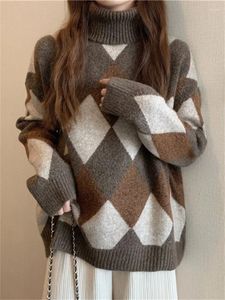 Women's Sweaters Vintage Argyle Pattern Knitted Turtleneck Sweater Female Pullover Loose Casual Thick Warm Korean Jumper Winter