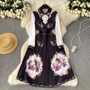 Casual Dresses 2024 Runway Contrast Color Pleated Dress Women's Turn Down Collar Long Sleeve Vintage Print Shirt Midi Vestidos 8261