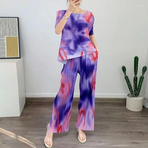 Women's Two Piece Pants Pleated Gradient Color Set Women's Summer Slim-fit Slimming Straight Leg Two-piece Age-reducing Spring