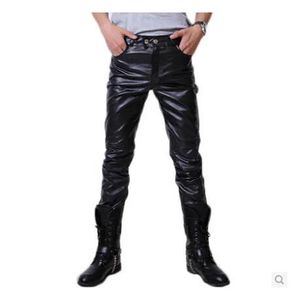 Pantaloni all'ingrosso 2015 hip hop maschi pantaloni in pelle nera in vetro materiale pura nero motociclistico moto skinny fux in pelle pantaloni