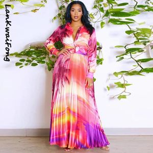 Vestidos de trabalho lkf vintage tie dye folha impressa conjunto feminino camisa de manga longa e saia maxi plissada 2023 sexy chique dois 2 peças roupas