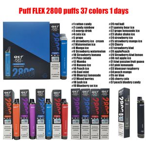 Vape engångsspuffelektroniska cigaretter puff flex 2800 puffs QST 850mAh batteridenhet Vape pennan med säkerhetskod 8ml engångsbehandling USA EU Warehouse 37Colors