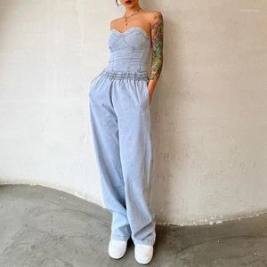 Women's Two Piece Pants Streetwear Denim Women 2 Set Outfits Strapless Crop Top And Jeans INS 2023 Tracksuit