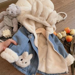 Jackets Autumn Winter Thicken Warm Baby Girls Denim Jacket Cute Plush Rabbit Ears Hooded Coats For Girl Children Outerwear Clothing 2 8Y 231218