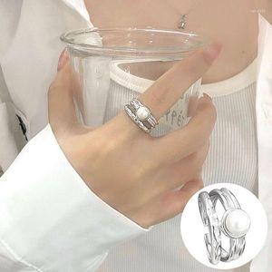 Cluster Ringe 925 Sterling Silber Perle Geometrische Offener Ring Für Frauen Mädchen Mode Doppelschichtiges Design Schmuck Party Geschenk Drop