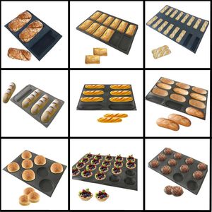 Cake Tools Meibum Glass Fiber Silicone Porous Round Bread Mold Various Hamburger Cookie Baguette Mould Long Loaf Pan Non Stick Baking Tools 231216
