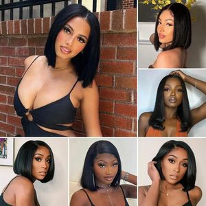 Natural Black Short Straight Bob Wig 13x4 Transparent Lace Frontal Human Hair Wigs 180 Density For Woman