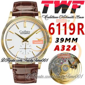 TWF CALATRAVA 6119R A324 Automatisk herrklocka 39mm Steel Fluted Bezel White Dial Stick Markers Yellow Gold Case Leather Strap Super Edition TrustyTime001watches