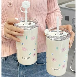 Water Bottles 316 Stainless Steel Thermos Bottle For Girls Double Layer Thermal Coffee Cup With Straw Cherry Blossom Drinking Travel Mugs 231218